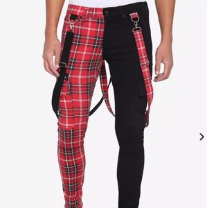 Hot Topic Red Plaid Split Leg Suspender Stinger Jeans